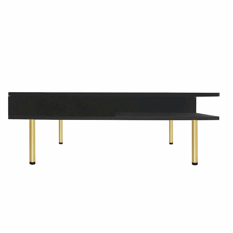 Table basse : 4 pieds dorés, 2 tiroirs, design carré à double plateau.