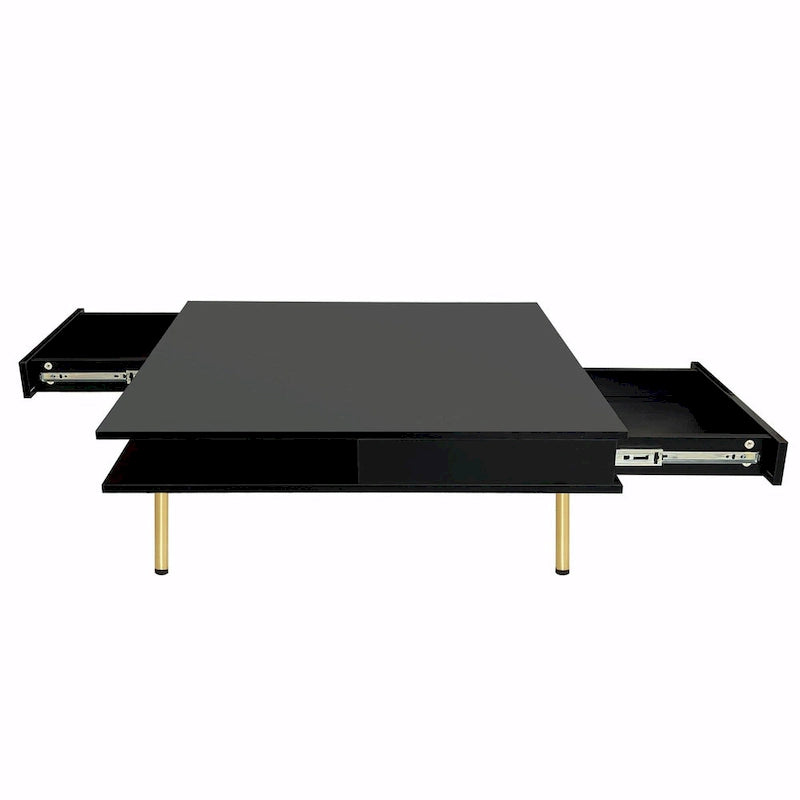 Table basse : 4 pieds dorés, 2 tiroirs, design carré à double plateau.