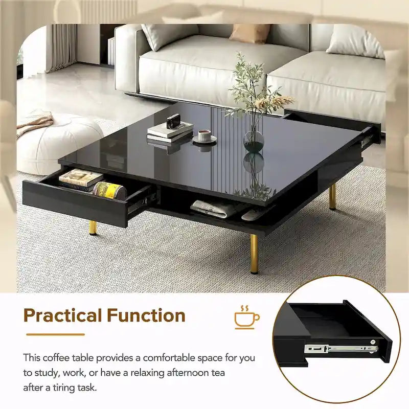 Table basse : 4 pieds dorés, 2 tiroirs, design carré à double plateau.