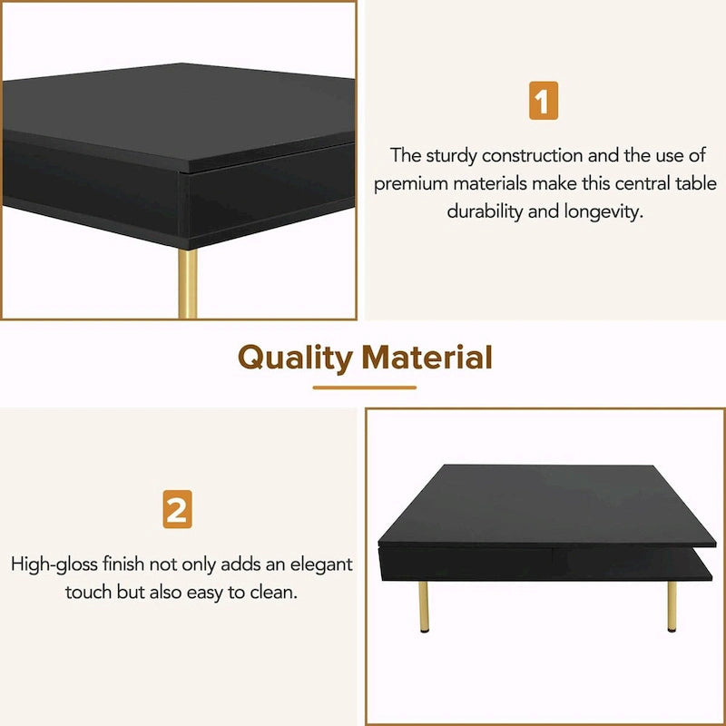 Table basse : 4 pieds dorés, 2 tiroirs, design carré à double plateau.