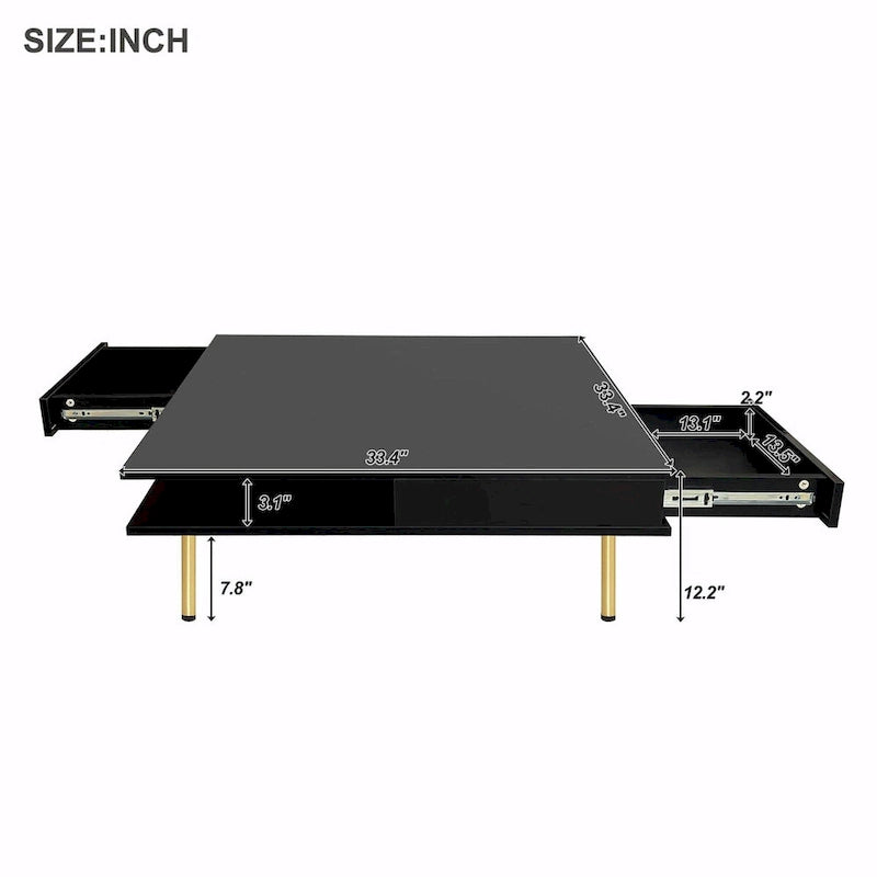 Table basse : 4 pieds dorés, 2 tiroirs, design carré à double plateau.