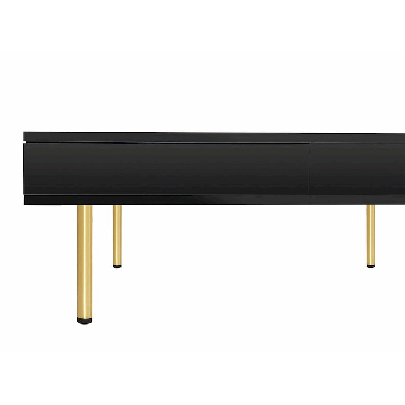 Table basse : 4 pieds dorés, 2 tiroirs, design carré à double plateau.