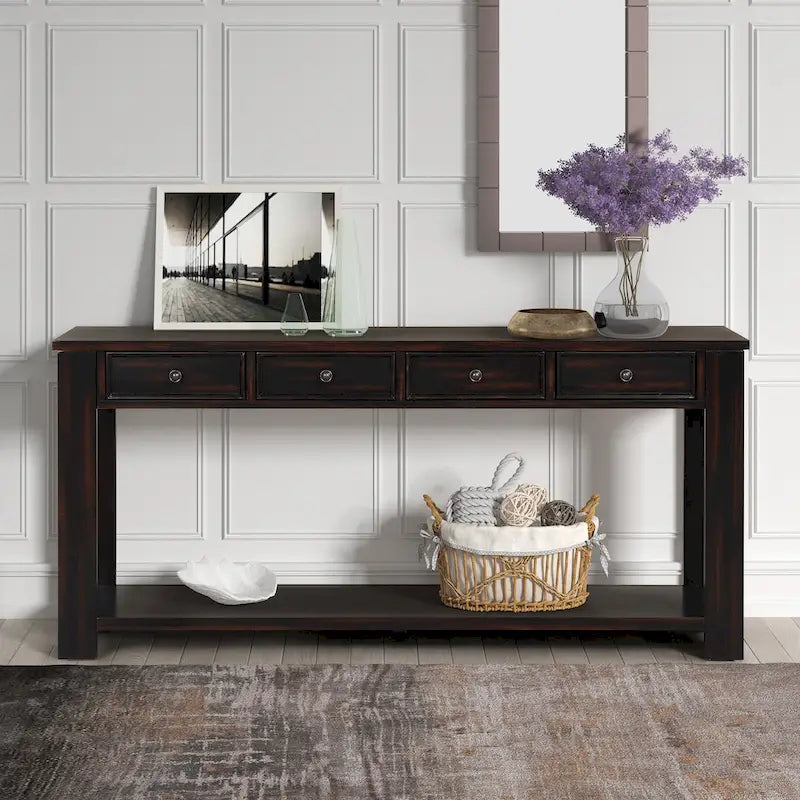 Console en bois de pin de 63 po avec 4 tiroirs et 1 tablette inférieure