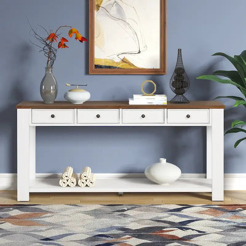 Console en bois de pin de 63 po avec 4 tiroirs et 1 tablette inférieure