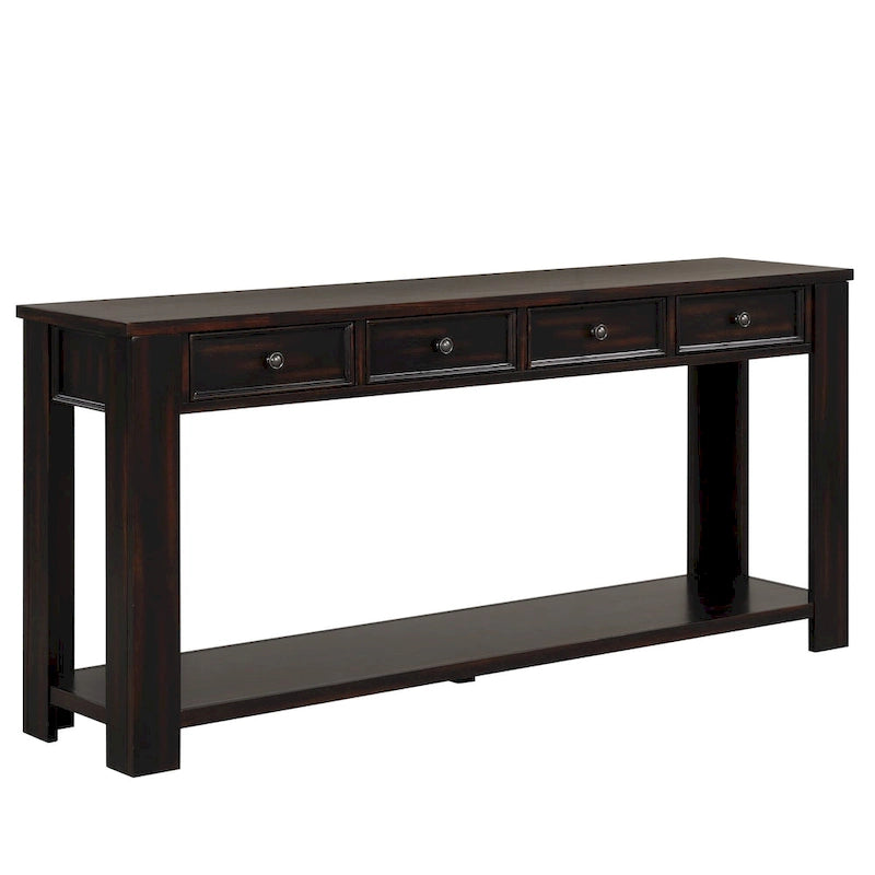 Console en bois de pin de 63 po avec 4 tiroirs et 1 tablette inférieure