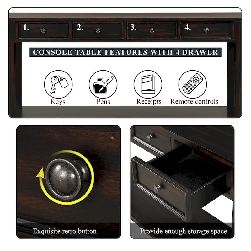 Console en bois de pin de 63 po avec 4 tiroirs et 1 tablette inférieure