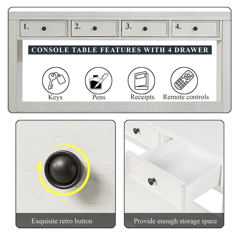 Console en bois de pin de 63 po avec 4 tiroirs et 1 tablette inférieure