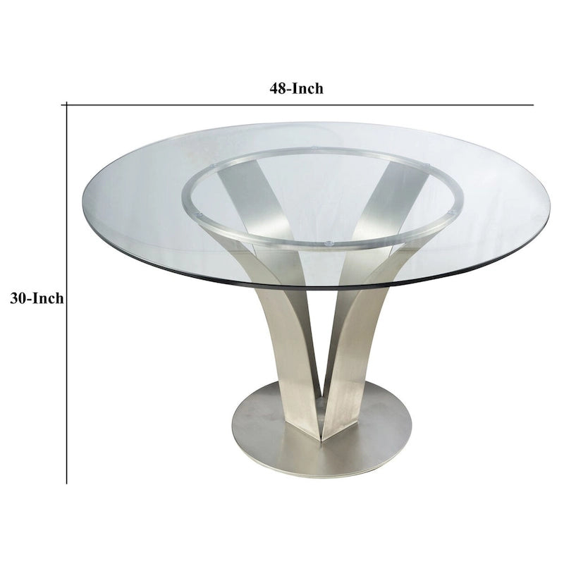 Table à manger de 48 pouces avec plateau en verre rond et base en métal, chrome
