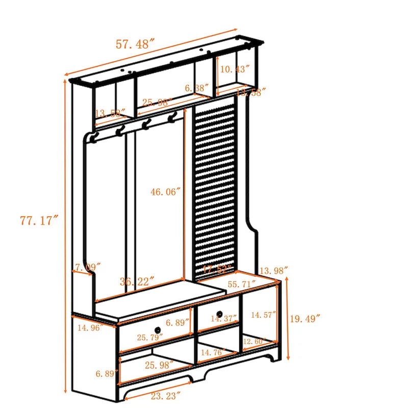 Hall Tree with Shoe Bench, Coat Rack, Shelves and Pegboard