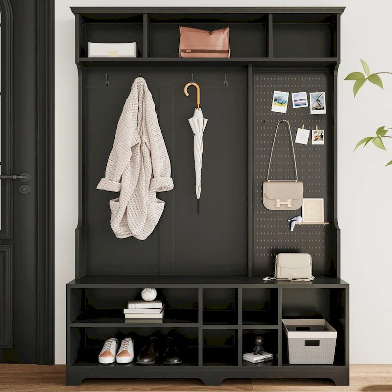Porte-manteau avec banc à chaussures, patère, étagères et panneau perforé