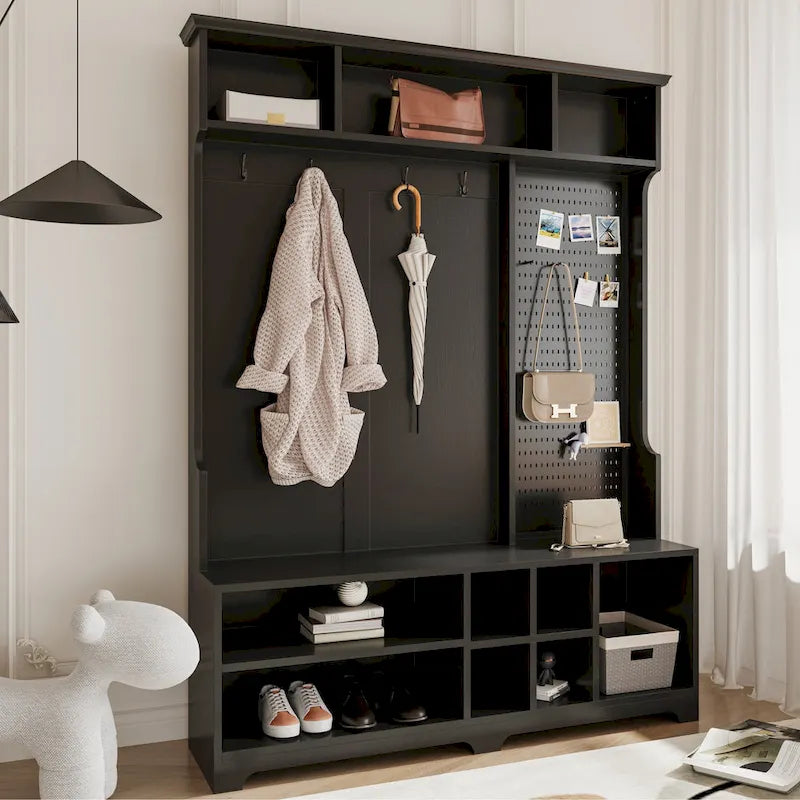 Porte-manteau avec banc à chaussures, patère, étagères et panneau perforé