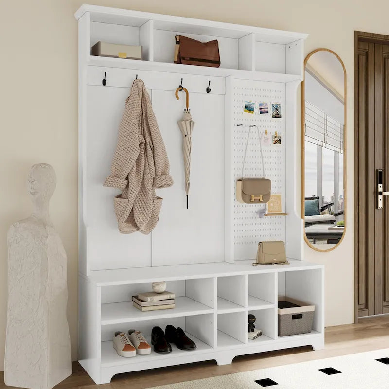 Porte-manteau avec banc à chaussures, patère, étagères et panneau perforé