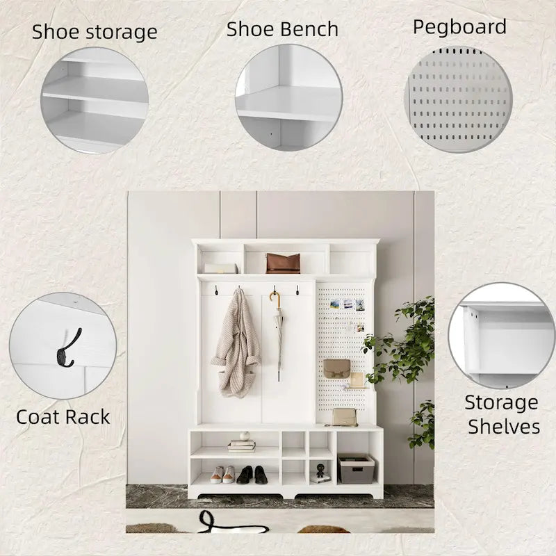 Porte-manteau avec banc à chaussures, patère, étagères et panneau perforé