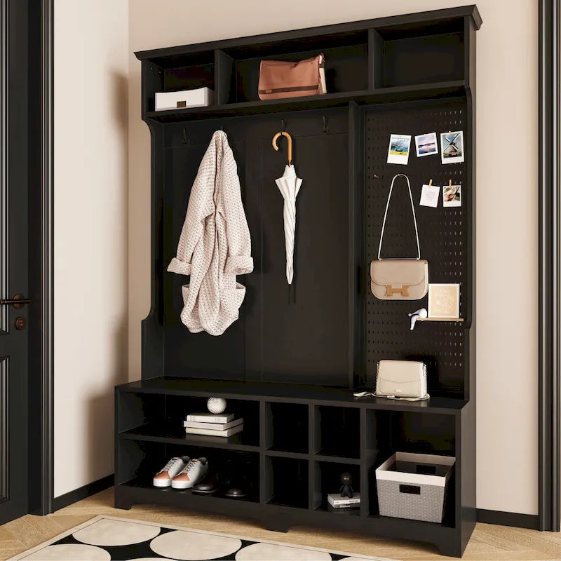 Porte-manteau avec banc à chaussures, patère, étagères et panneau perforé