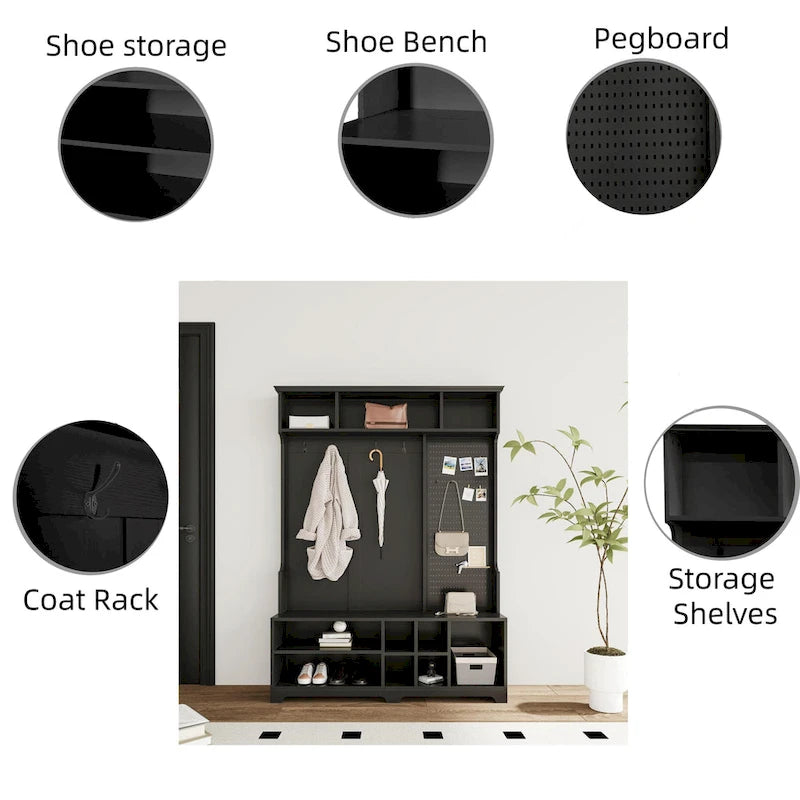 Porte-manteau avec banc à chaussures, patère, étagères et panneau perforé