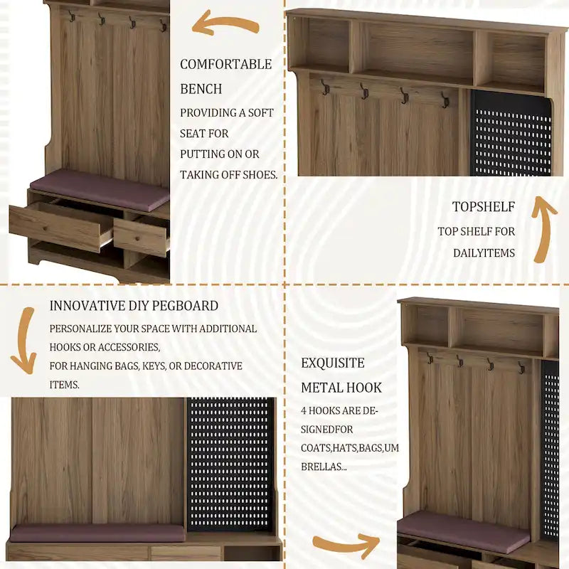 Porte-manteau avec banc à chaussures, patère, étagères et panneau perforé